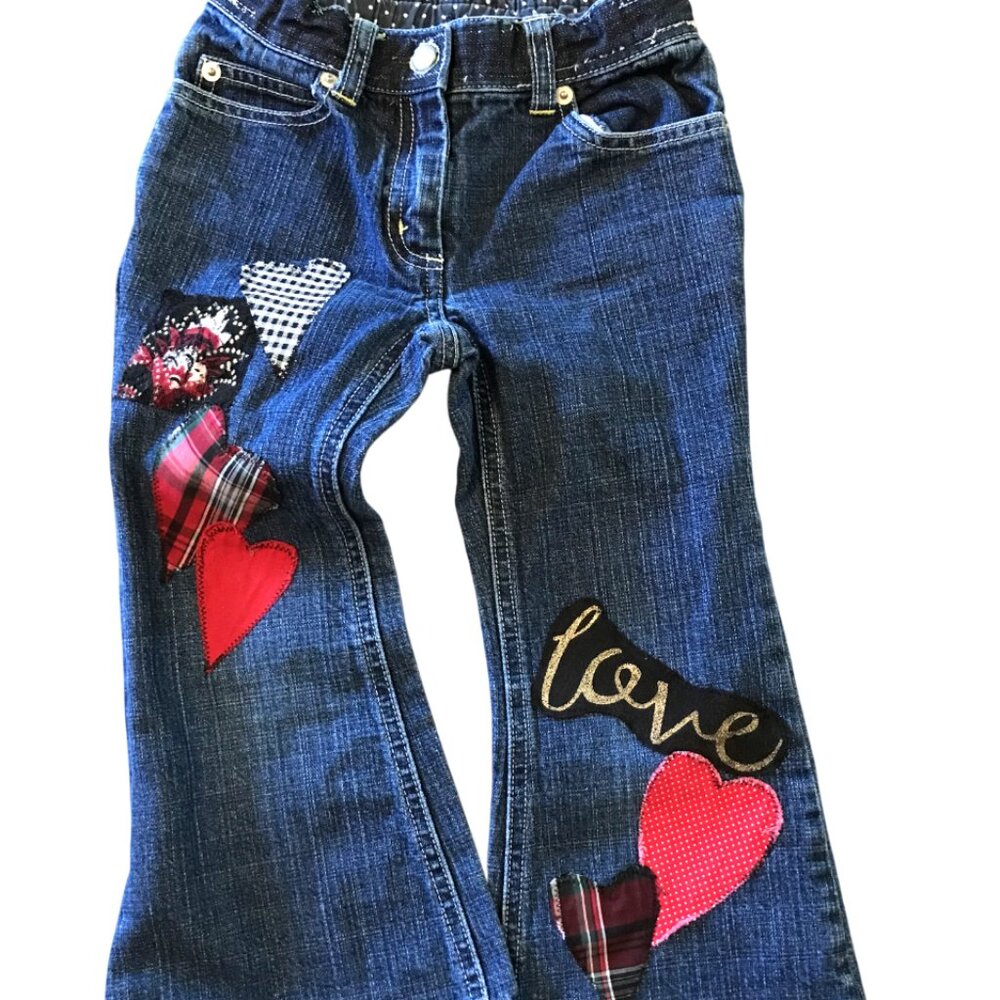 Upcycled Patchwork Jeans Handmade Heart Patches Front and Back, Child's Size 5